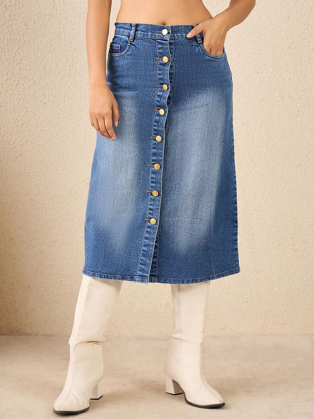 StyleStone Women High Rise Denim Midi Skirt-picture-17