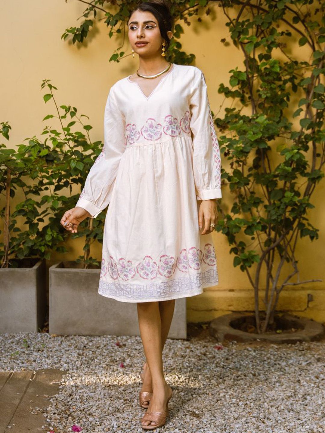 Aadews Women Floral Embroidered Cotton V-Neck Fit and Flare Ethnic Dress-picture-23