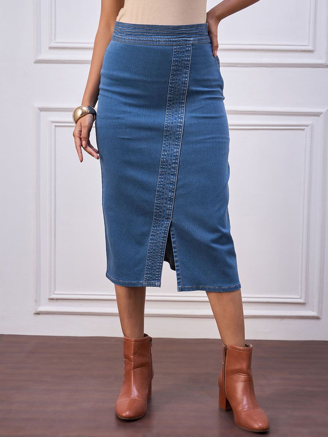 StyleStone Women High Rise Denim Midi Skirts-picture-18
