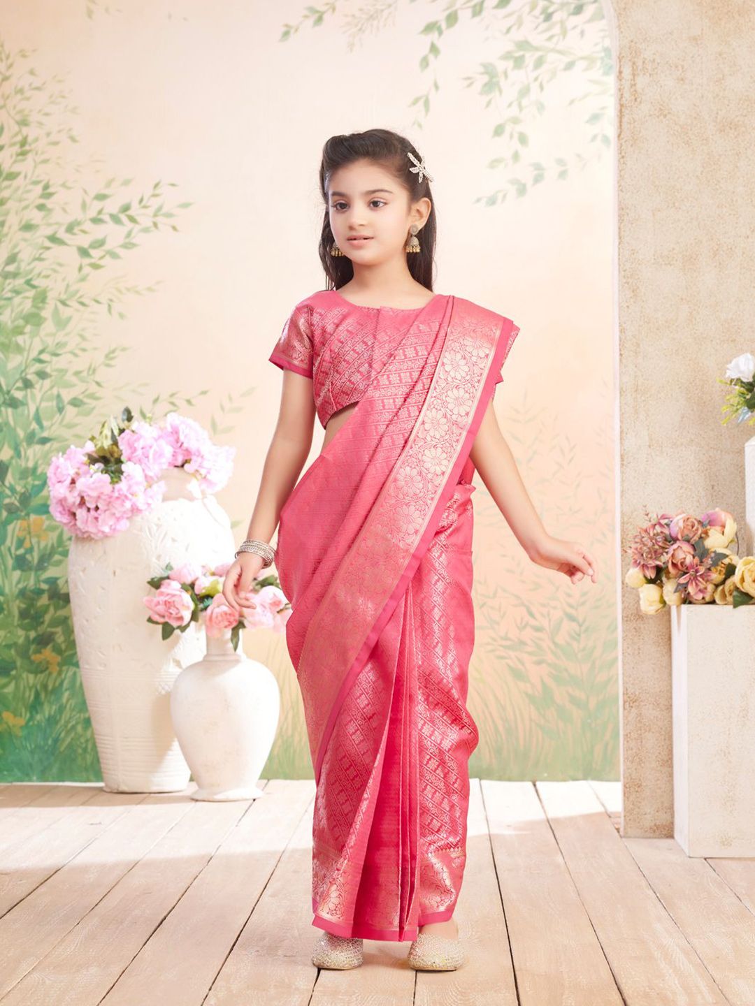 BAESD Girls Ethnic Motifs Woven Design Zari Kanjeevaram Saree With Stitched Blouse-picture-17