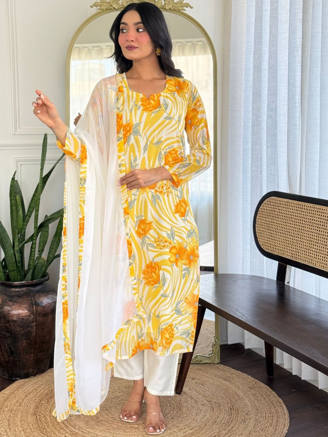 J.KANJI Women Floral Printed Regular Kurta with Trousers & Dupatta-picture-19