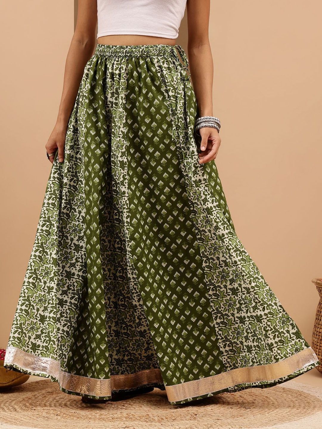 Janasya Women Green Pure Cotton Ethnic Motifs Printed Flared Skirt-picture-27