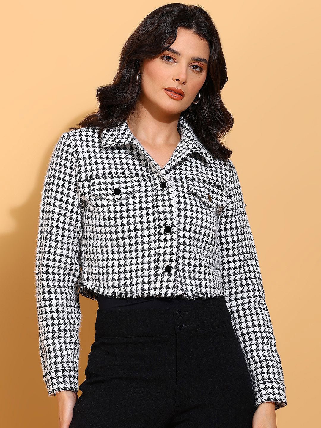 Mast & Harbour Women Spread Collar Houndstooth Checked Reflective Strip Tailored Jacket-picture-11