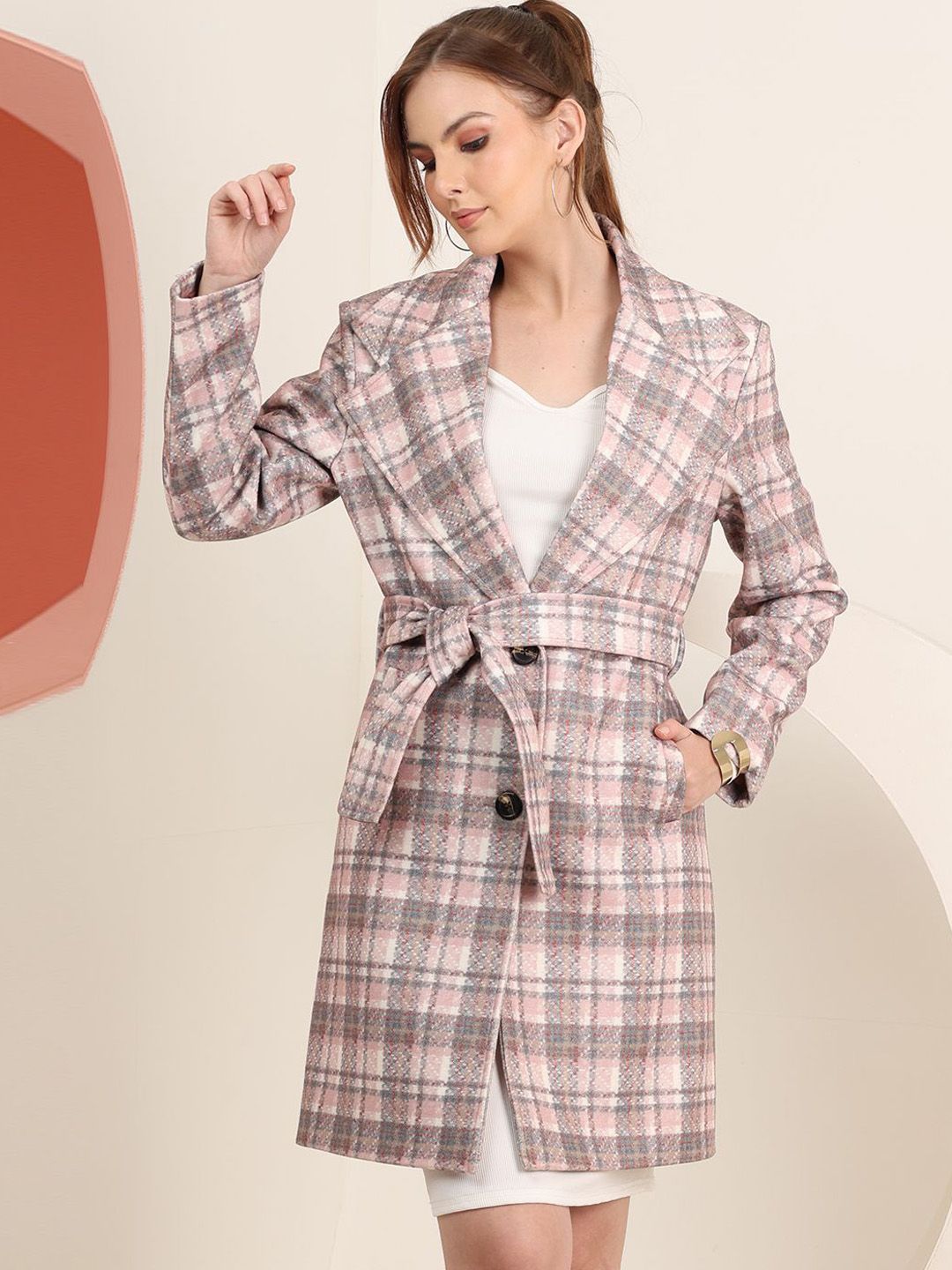 Plagg Women Checked Single-Breasted Notched Lapel Collar Stylish Overcoat-picture-17