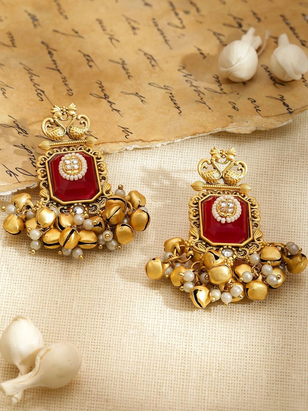 Rubans 18K Gold-Plated Artificial & Ghungroo Beaded Peacock Shaped Drop Earrings-image-18