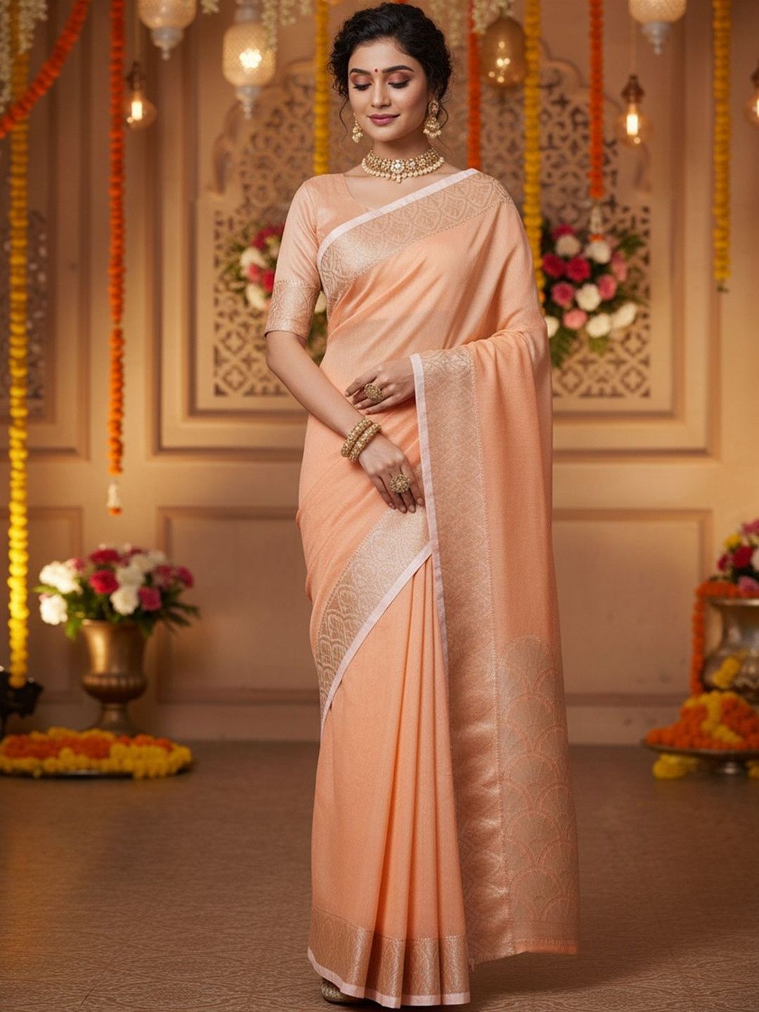 Anouk Woven Design Zari Linen Blend Handloom Banarasi Saree-picture-19