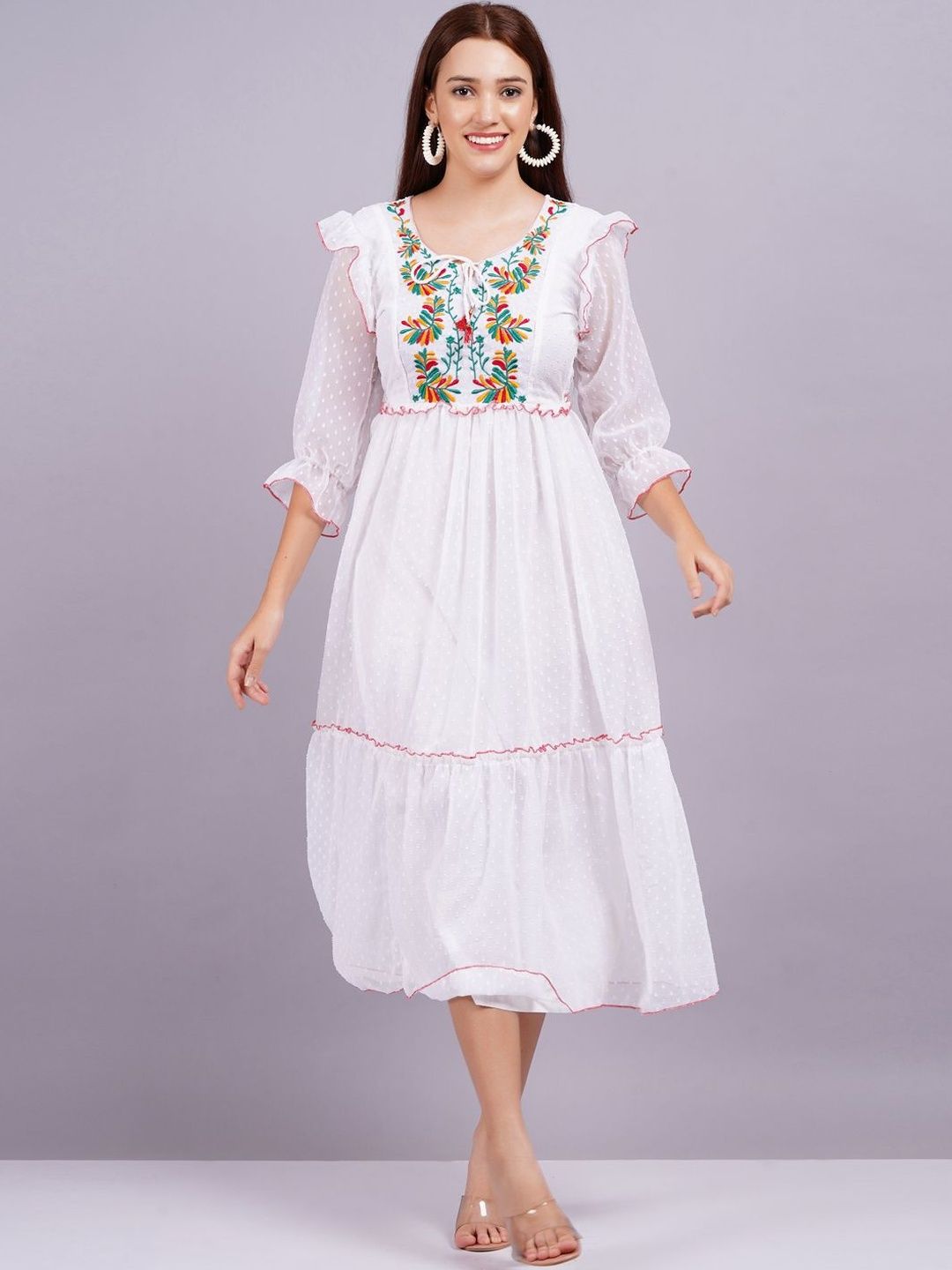 Jyoti Floral Embroidered Ruffled Georgette A-Line Midi Dress-picture-29