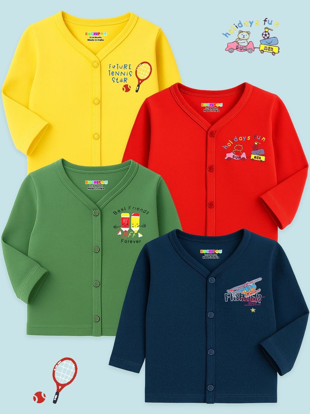 KUCHIPOO Boys Pack of 4 Graphic Printed V-Neck Pure Cotton T-shirt-picture-35