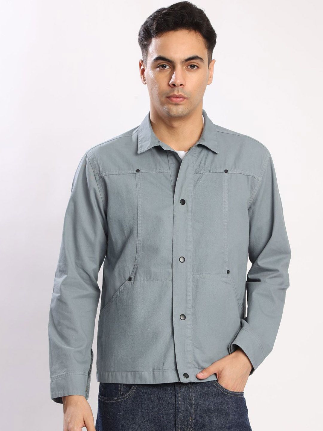 Bene Kleed Men Spread Collar Solid Pure Cotton Lightweight Tailored Jacket-image-49