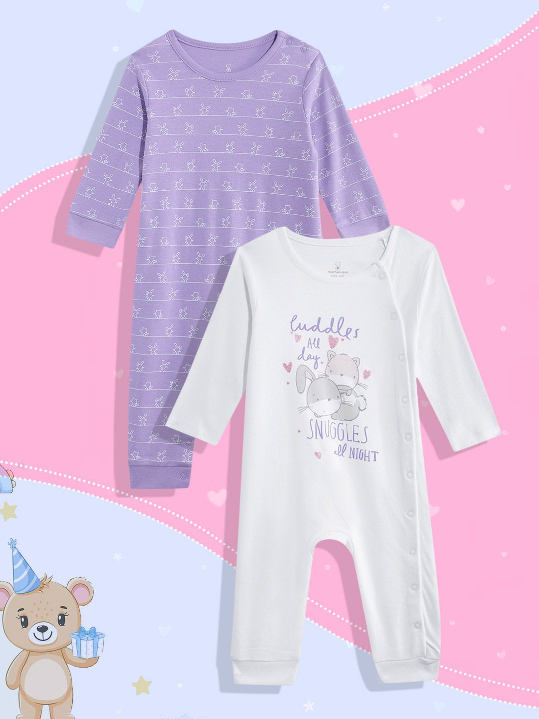 mothercare Infant Girls Pack of 2 Printed Pure Cotton Rompers-picture-40