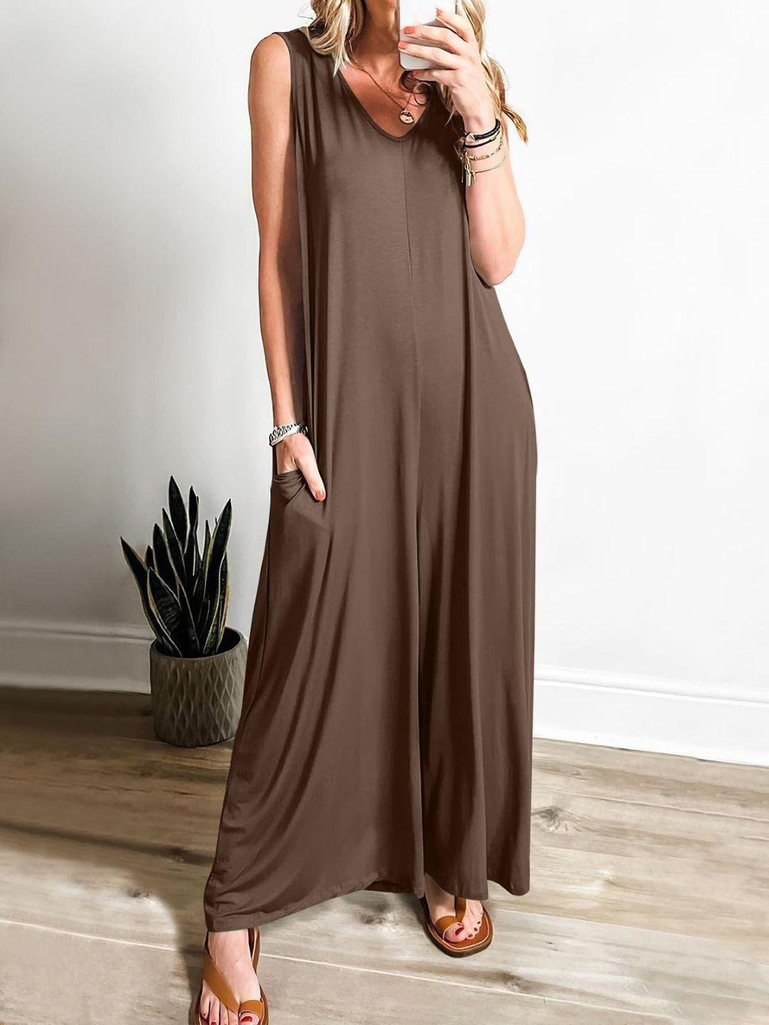 HERE&NOW Women Brown Solid Sleeveless Jumpsuit-picture-25