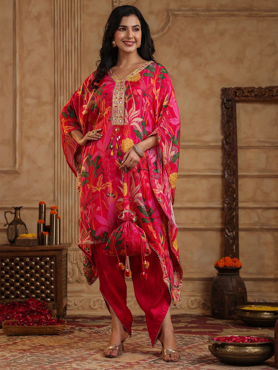 AARAAS Women Ethnic Motifs Printed Regular Pure Cotton Kaftan Kurta With Dhoti Pants