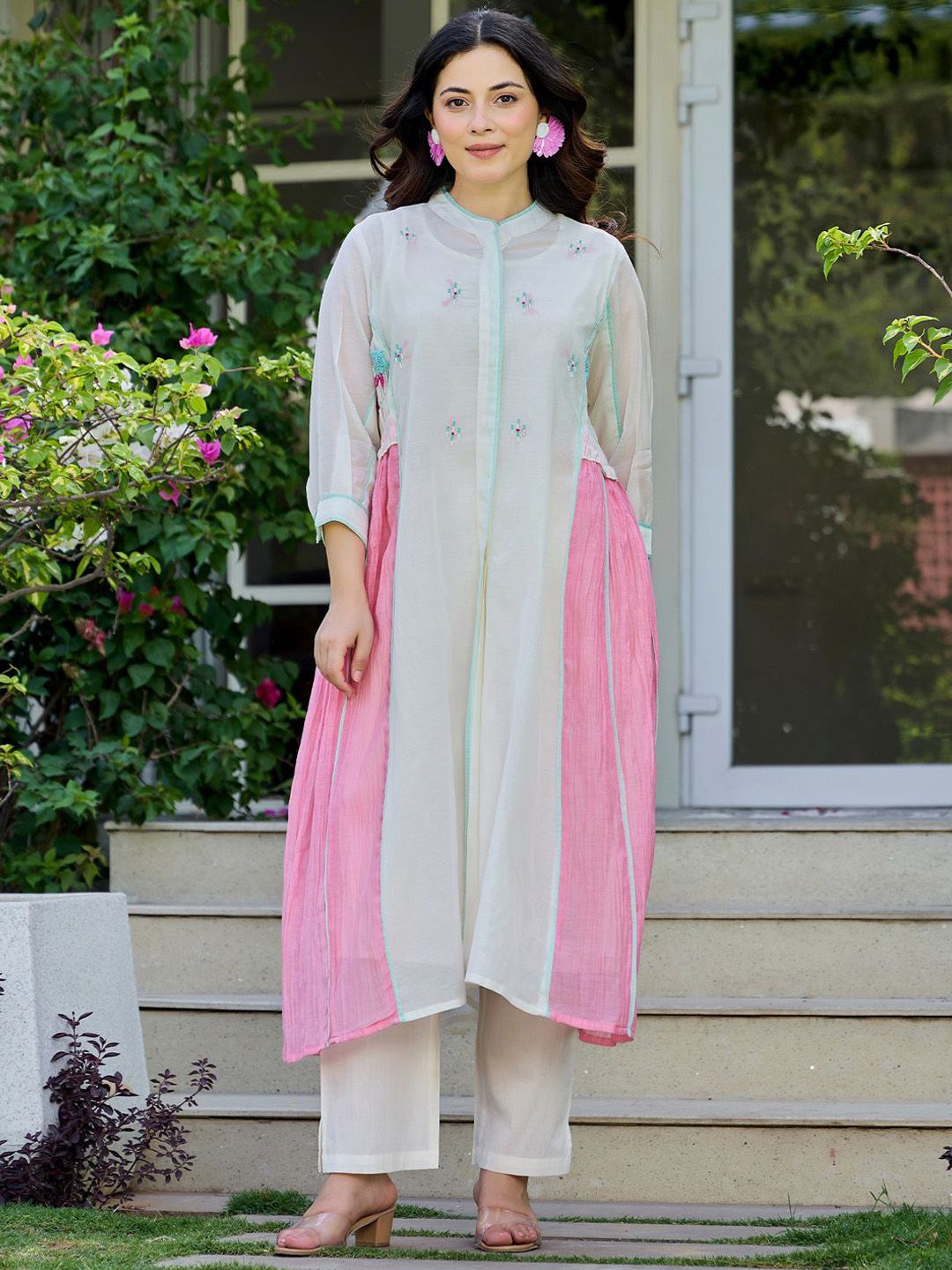 Indo Era Floral Printed Pure Cotton Mandarin Collar Tunic With Trousers-picture-37