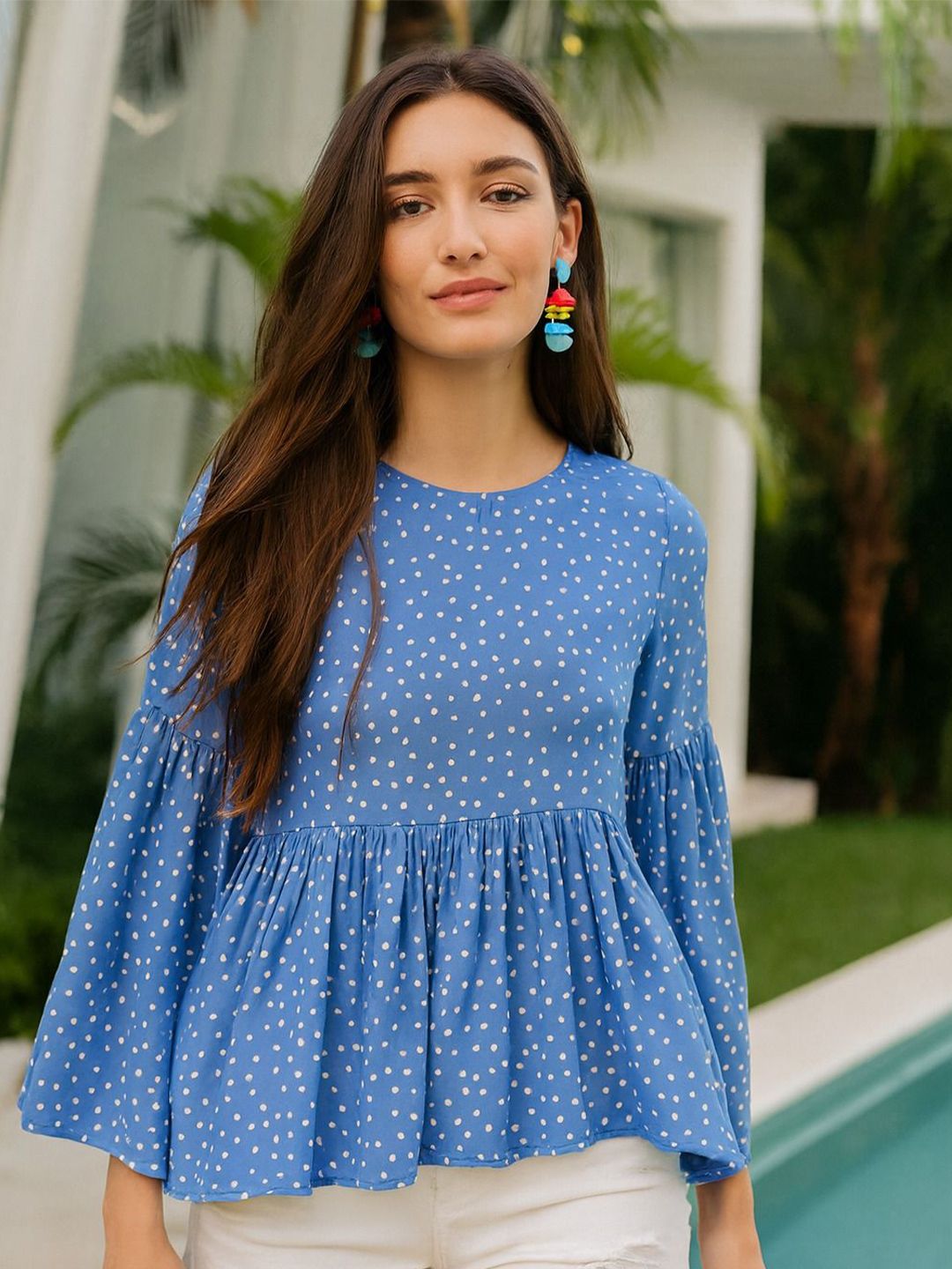 4WRD by Dressberry Women Polka Dot Printed Bell Sleeve Peplum Top-picture-36