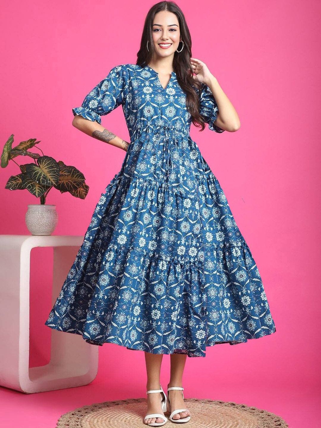 PRESHA Women Floral Printed Puff Sleeve Fit & Flare Midi Dress-picture-17