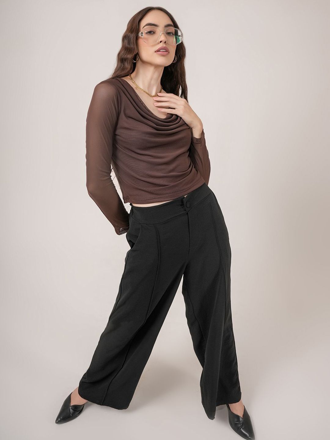 Clobug Women Cowl Neck Sheer Net Crop Top view 5