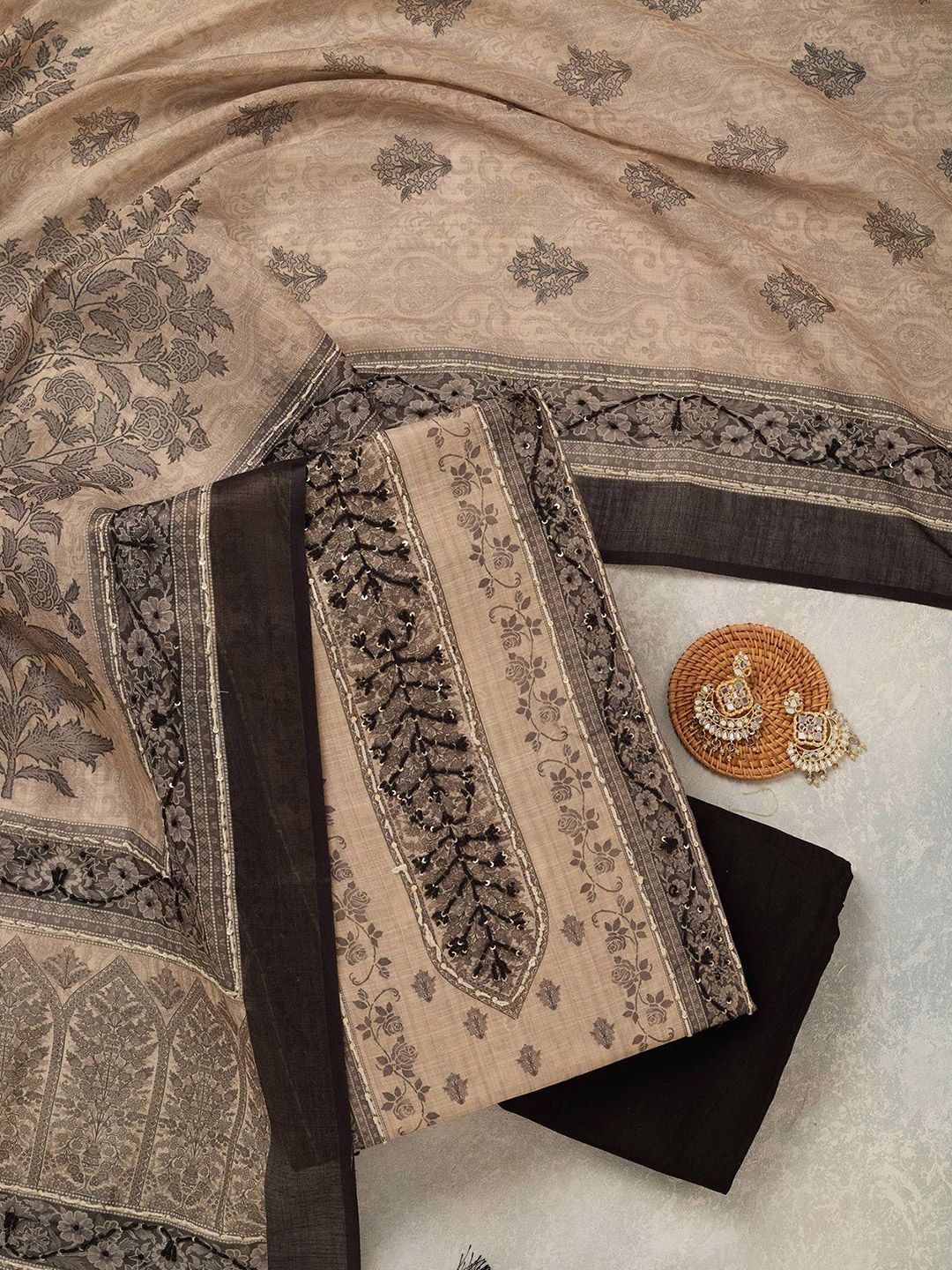 Koskii Ethnic Motifs Printed Threadwork Chanderi Silk Unstitched Dress Material-image-32