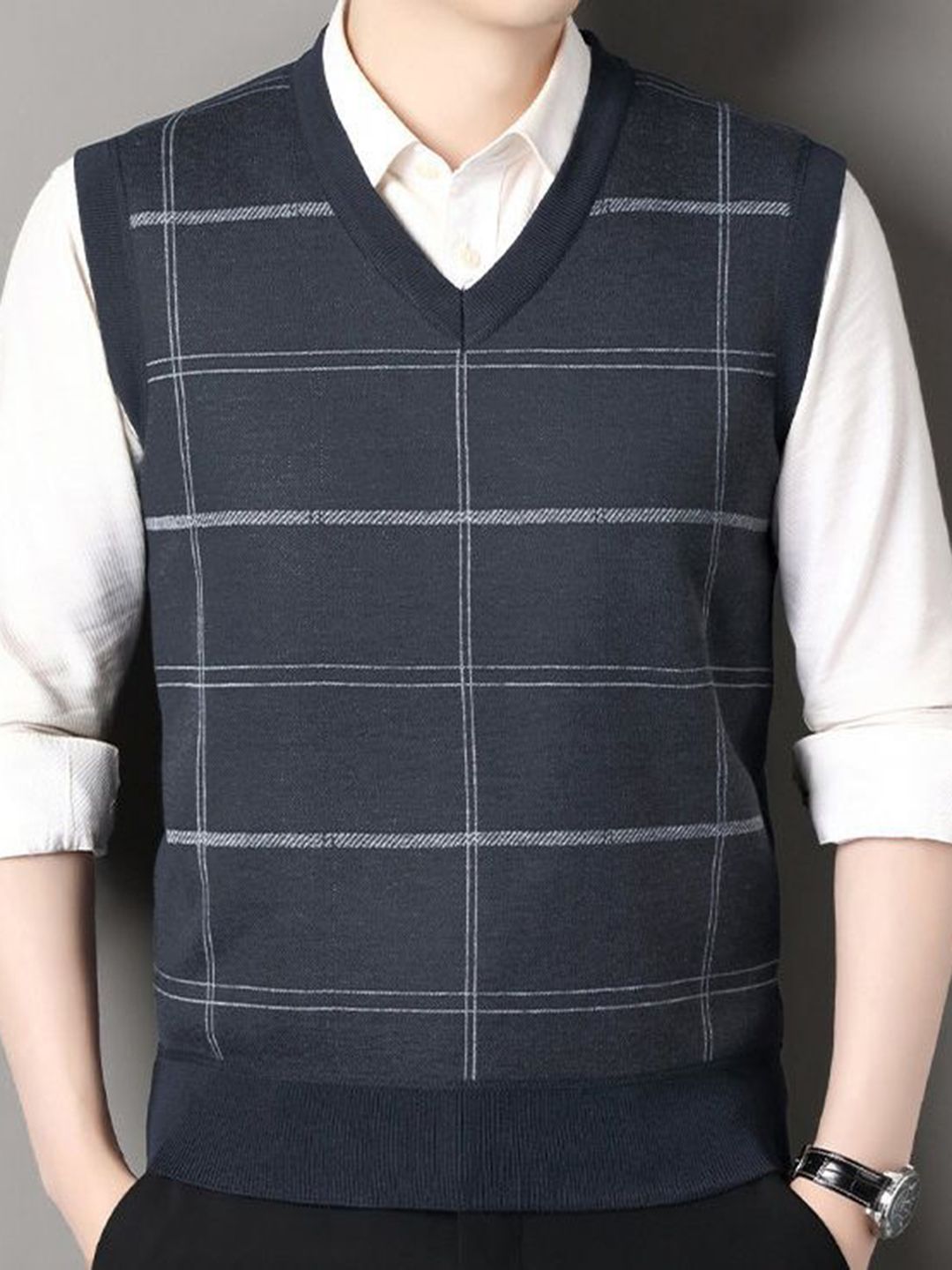 StyleCast x Revolte Men Checked V-Neck Sweater Vest-image-15