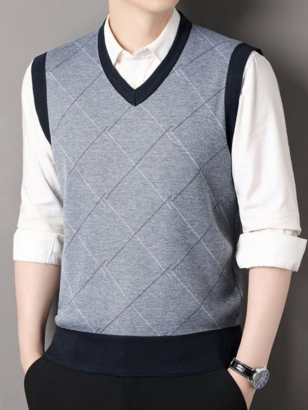 StyleCast x Revolte Men Checked V-Neck Sweater Vest-picture-34