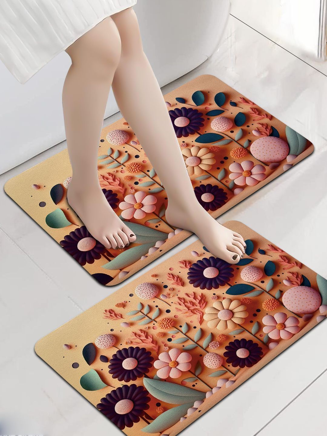 SITTELLA Pack of 2 Anti-Skid Bathroom Mat 3D Flower Print 40x60 cm Rectangular-picture-40