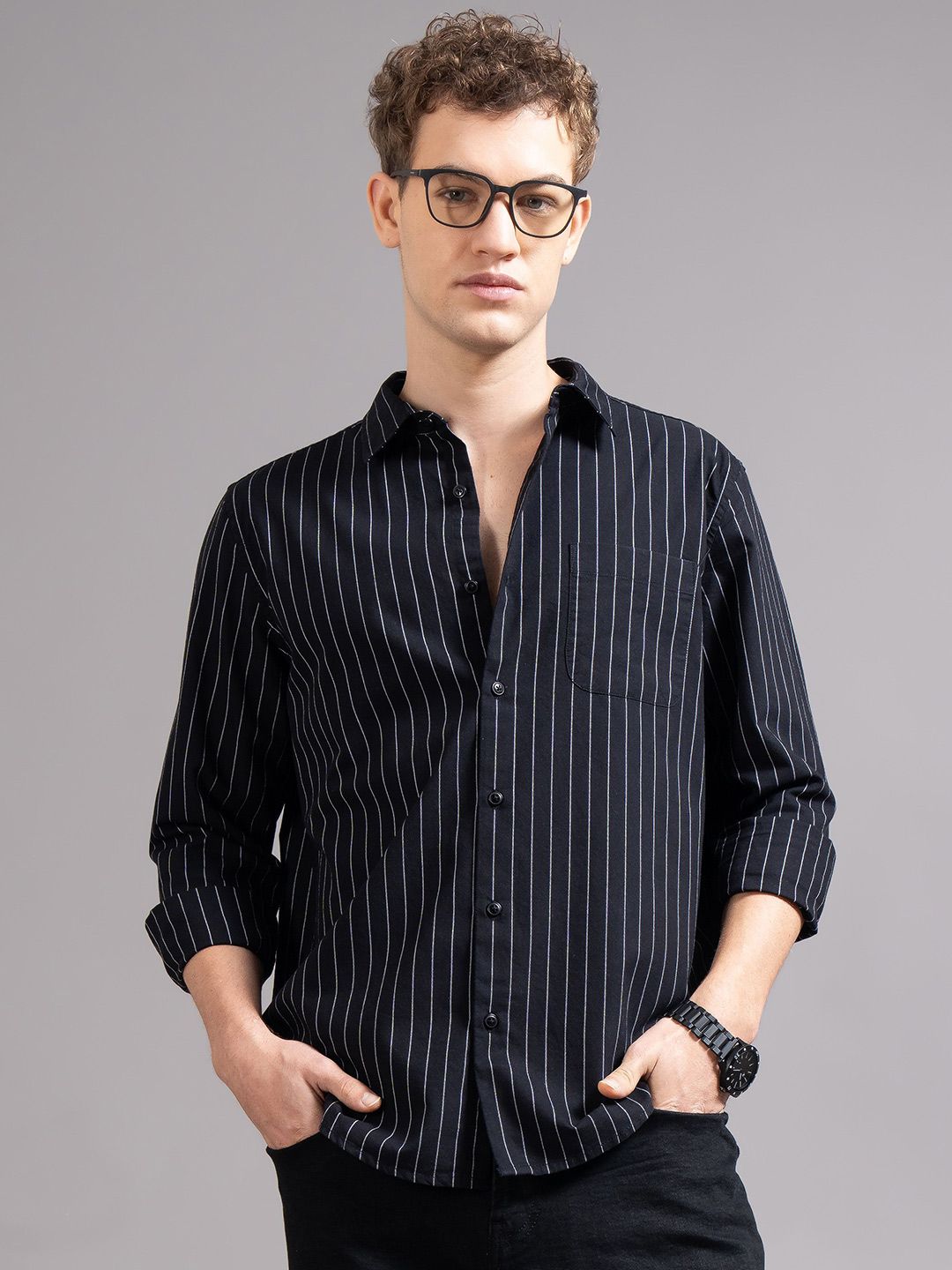 British Club Men Smart Fit Vertical Striped Spread Collar Cotton Casual Shirt-picture-17