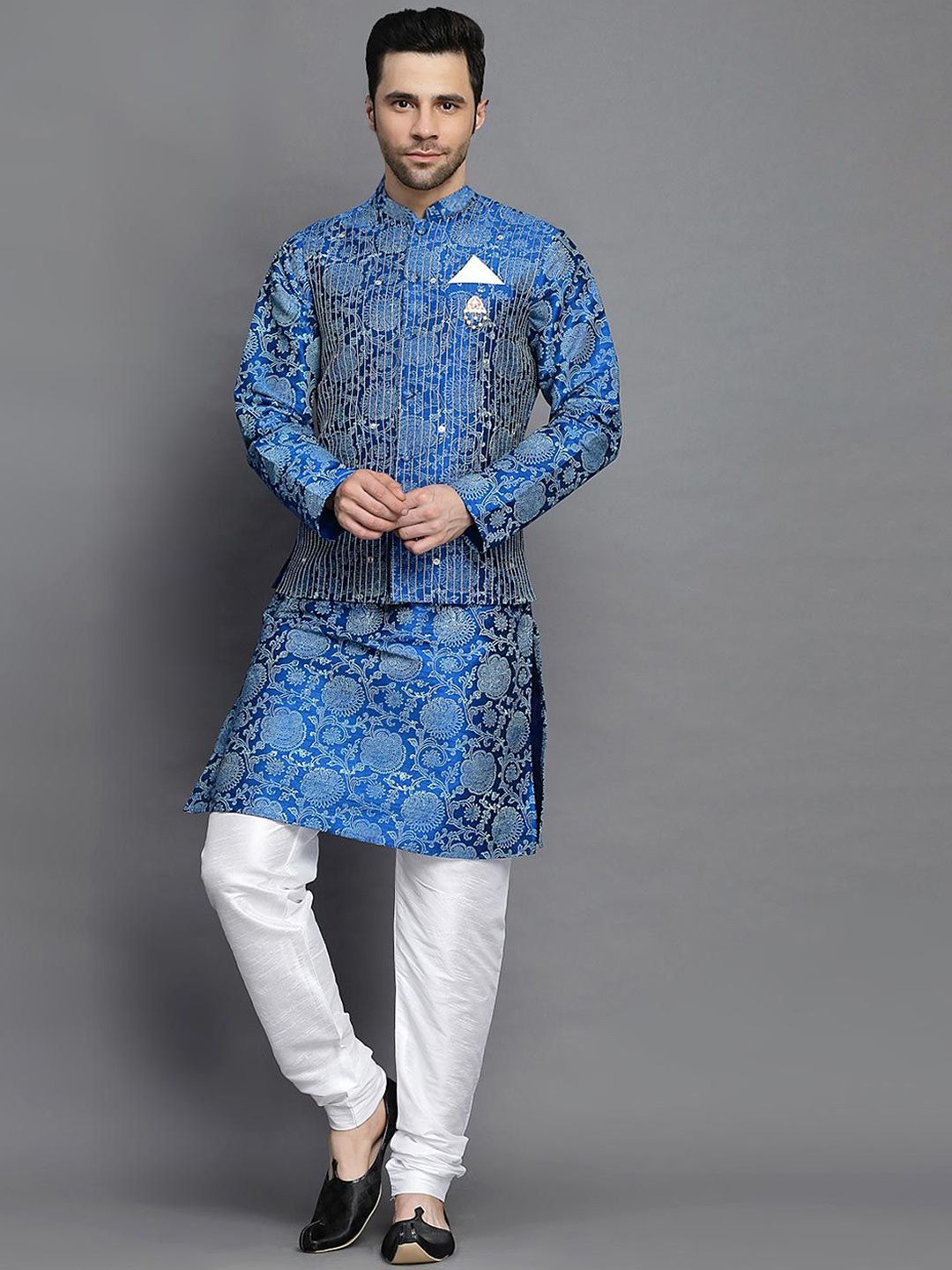 Utsav Fashion Floral Printed Mandarin Collar Straight Kurta With Churidar & Nehru Jacket-picture-36