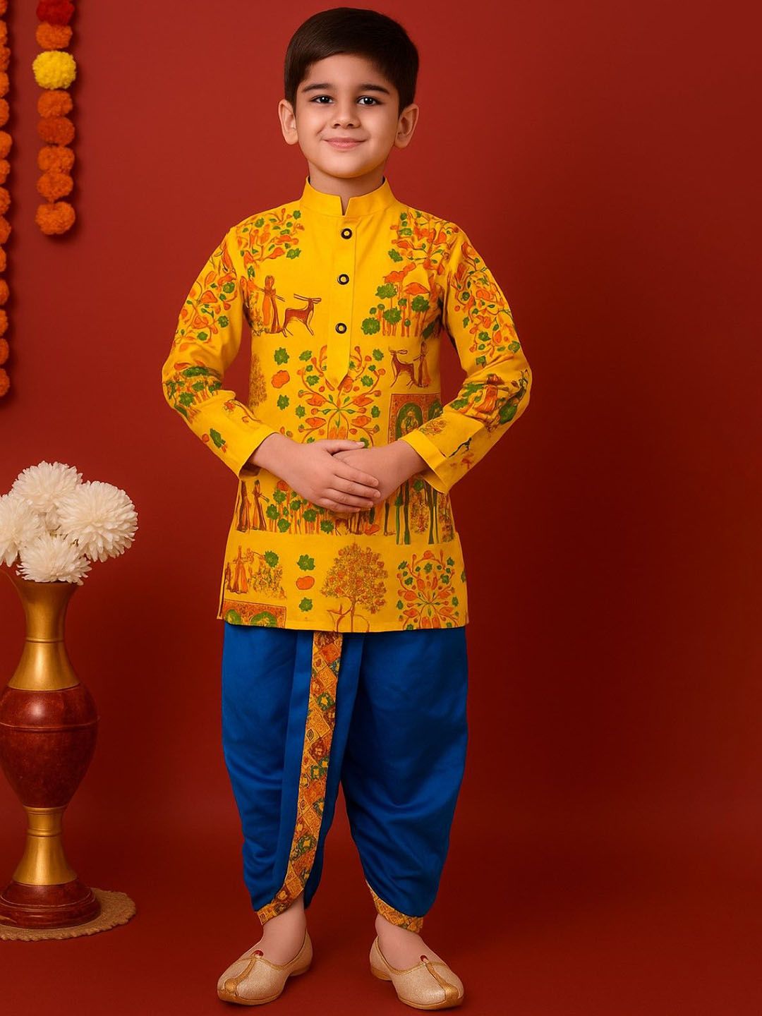 Cae Boys Animal Printed Regular Dupion Silk Kurta Set-image-41