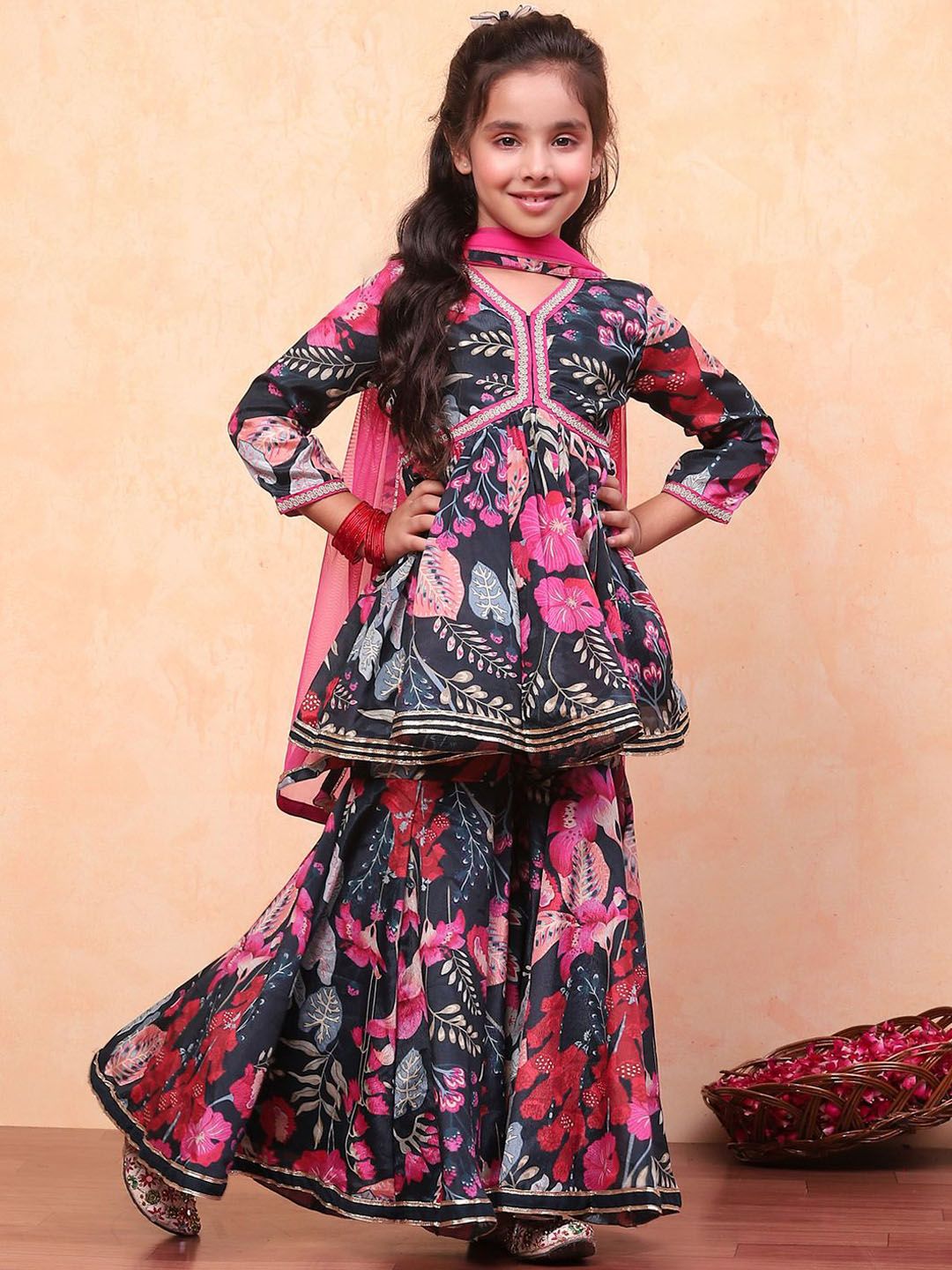 Biba Girls Printed Kurti & Sharara With Dupatta-picture-31