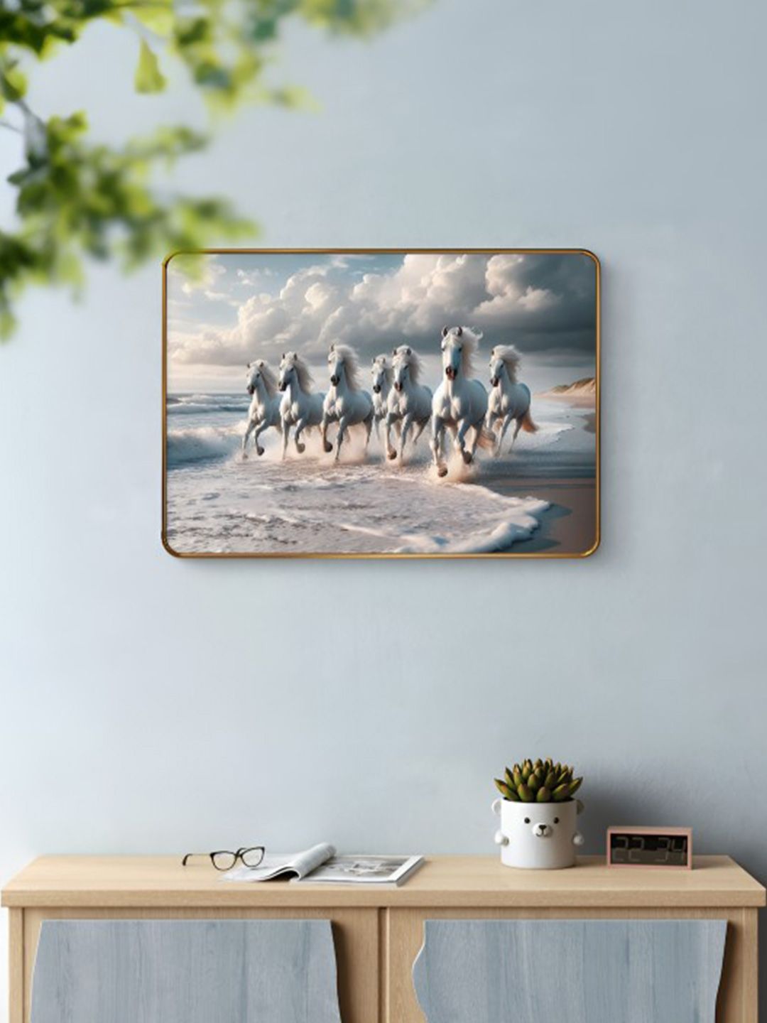 SAF Blue & White Seven Running Horses Sparkle Lamination Finished Wood Wall Painting-picture-13