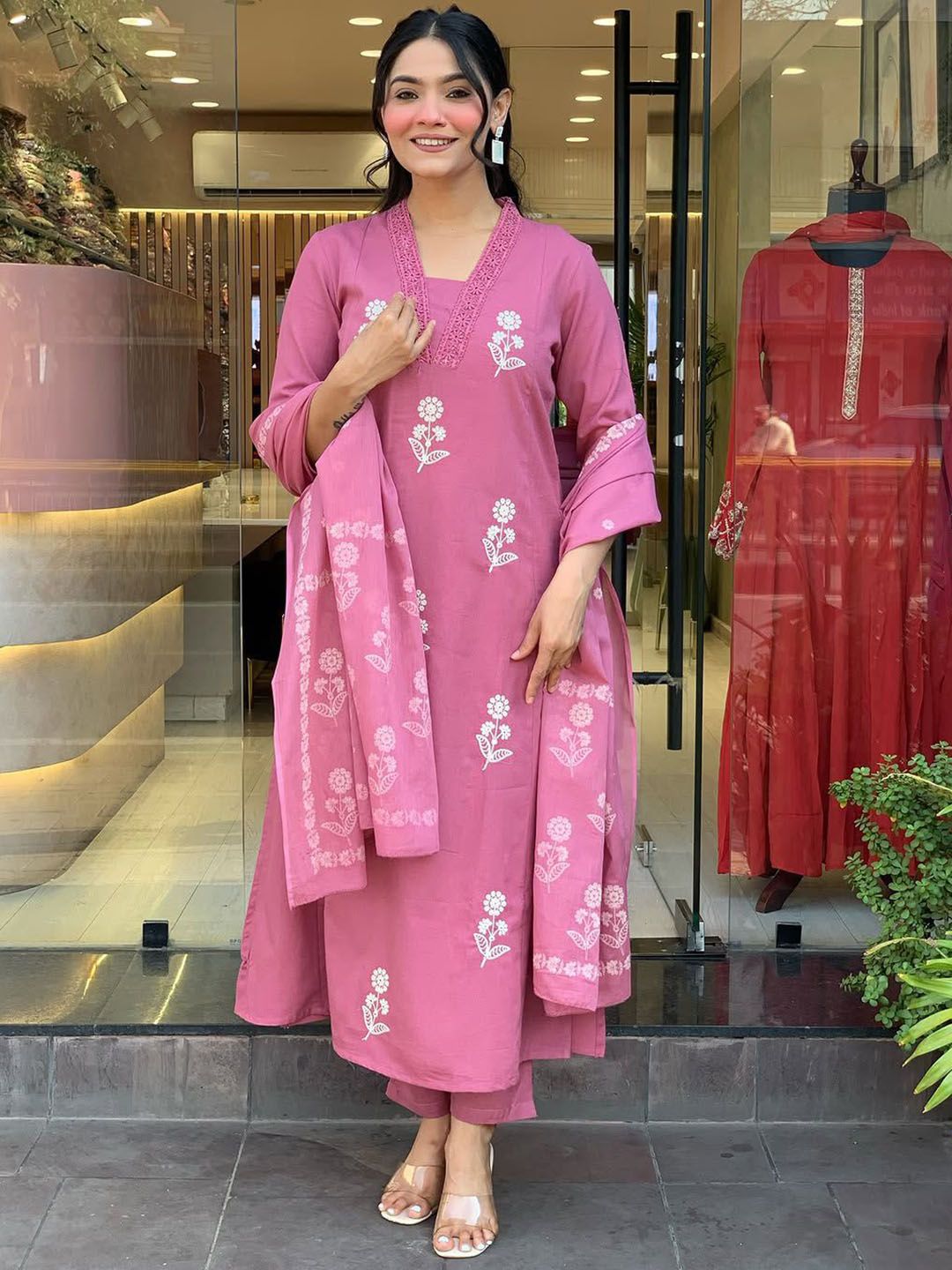 J.KANJI Women Floral Printed Regular Thread Work Pure Cotton Kurta with Trousers & Dupatta-picture-11