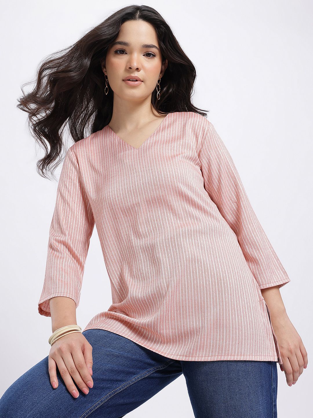 Anouk Rustic Self Striped V-Neck Straight Kurti-picture-44