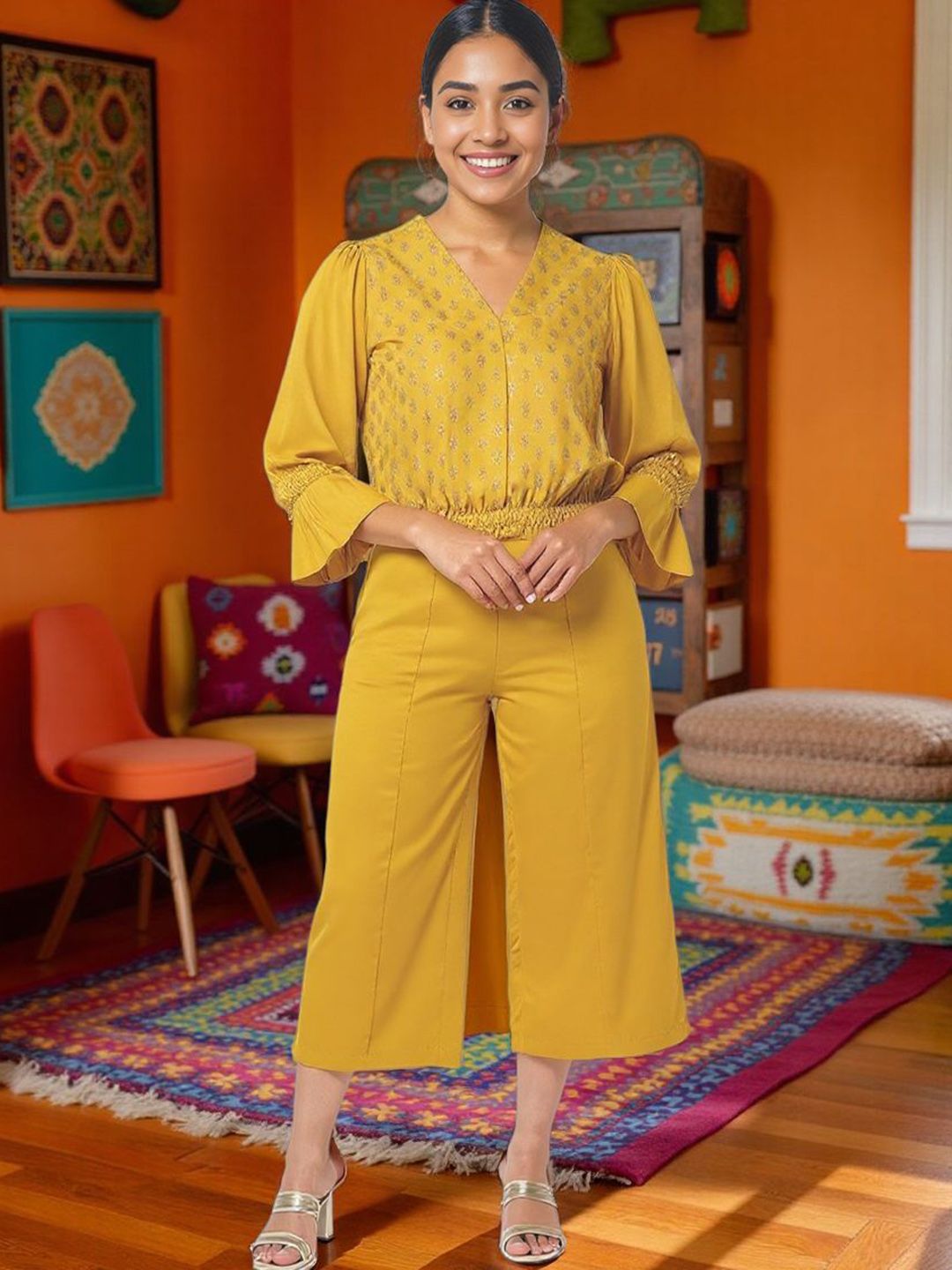 KYVO Block Printed V-Neck Top With Palazzos-picture-29