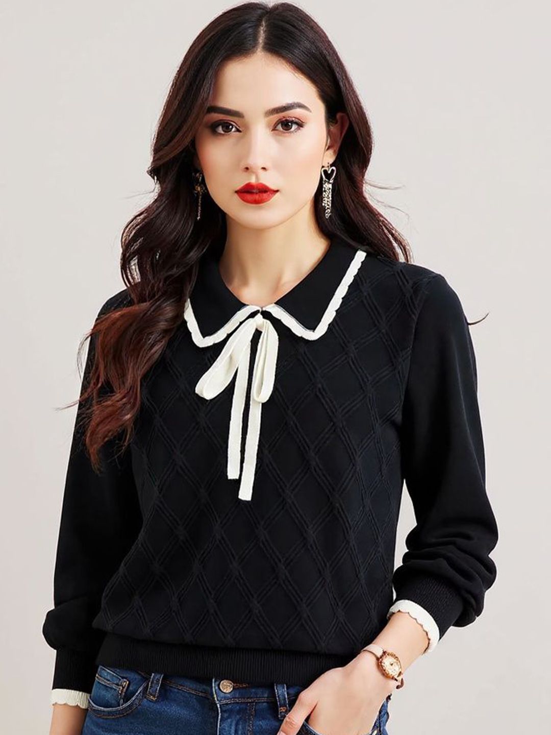 bebe Women Geometric Self Design Shirt Collar Sweaters-picture-40