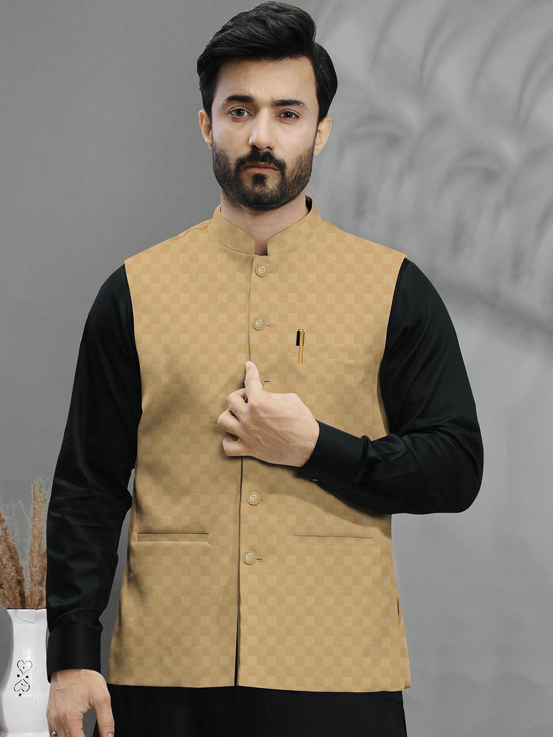 A A ENTERPRISES Woven Design Mandarin Collar Neck Nehru Jacket