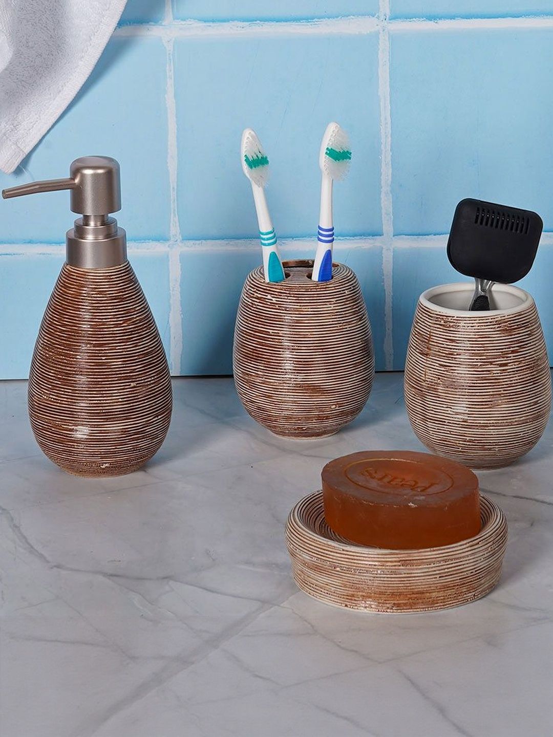 AARVI DECOR STUDIO Brown Pack Of 4 Textured Plastic Bathroom Accessories-picture-26