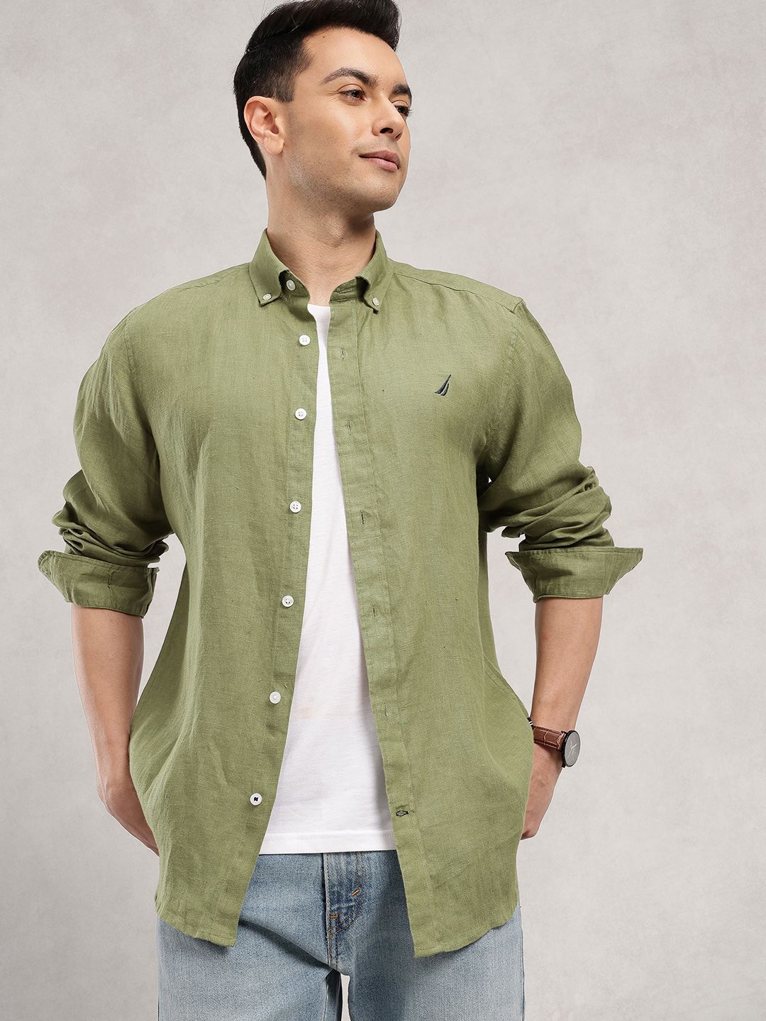 Nautica Men Slim Fit Button-Down Pure Linen Casual Shirt-picture-17