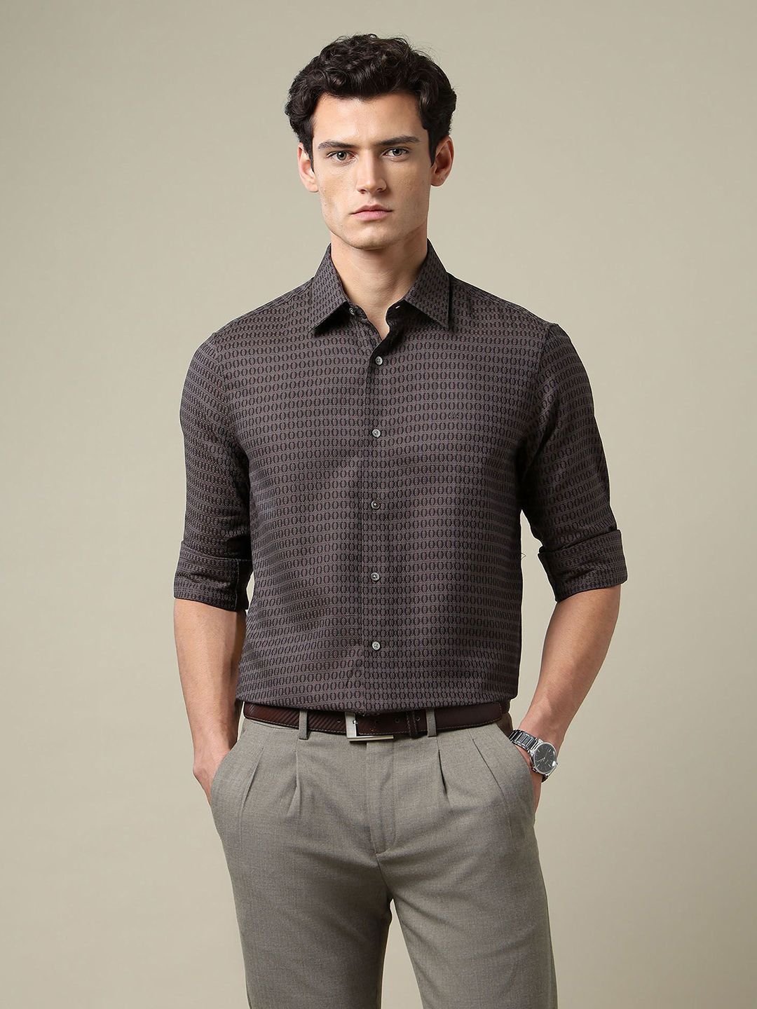 Arrow 1851 Tailored Fit Geometric Printed Spread Collar Pure Cotton Shirt-image-26