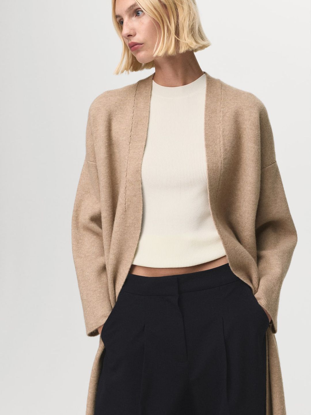 MANGO Ribbed Collarless Drop-Shoulder Sleeves Longline Front-Open Sweater