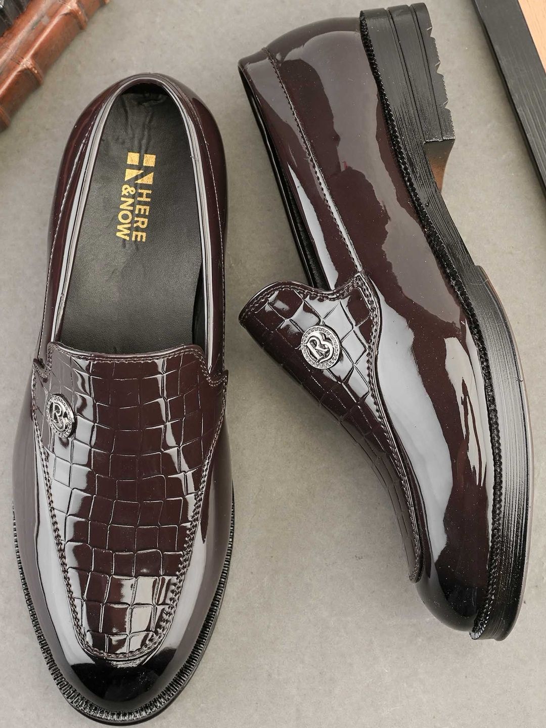 HERE&NOW Men Brown Synthetic Patent textured Formal Shoes-picture-33