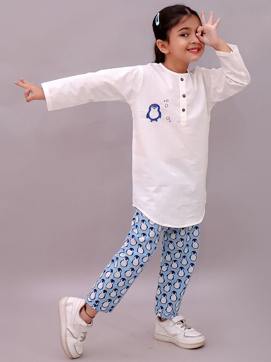 LITTLE GINNIE Unisex Kids White & Blue Printed Regular Pure Cotton Kurta with Pyjamas-picture-25