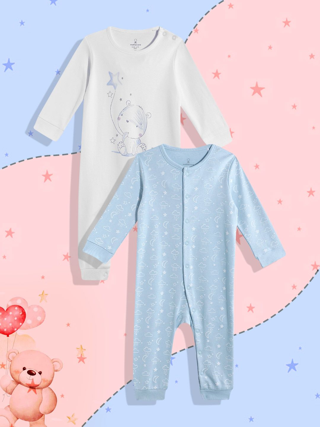 mothercare Infant Boys Pack of 2 Printed Pure Cotton Rompers