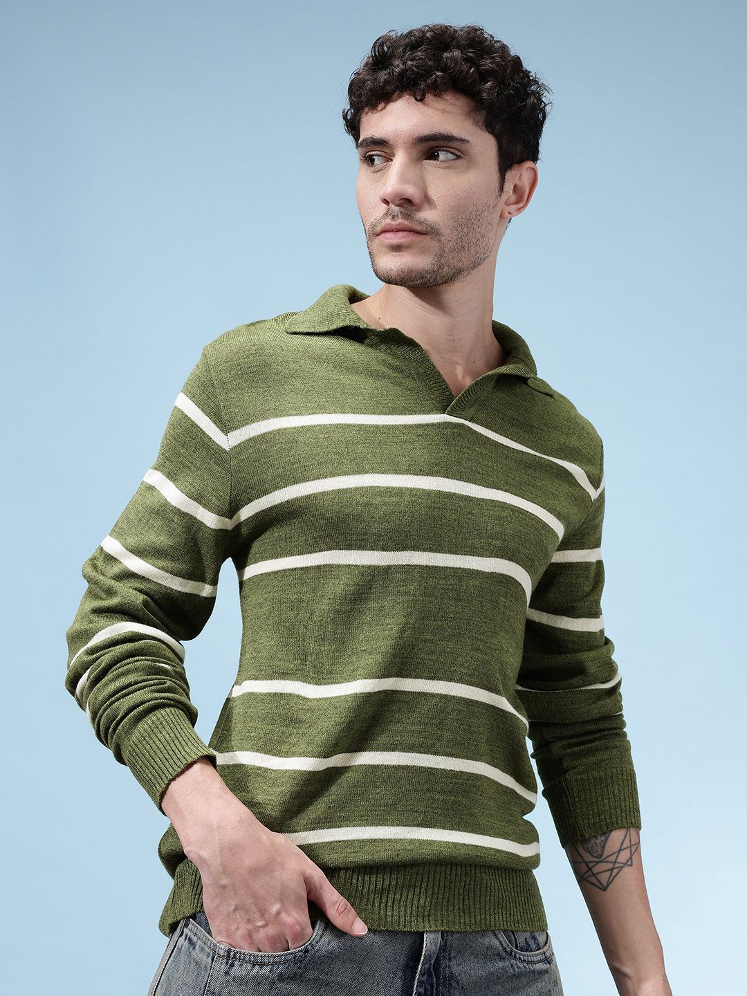 glitchez Horizontally Striped Shirt Collar Oversized Pullover