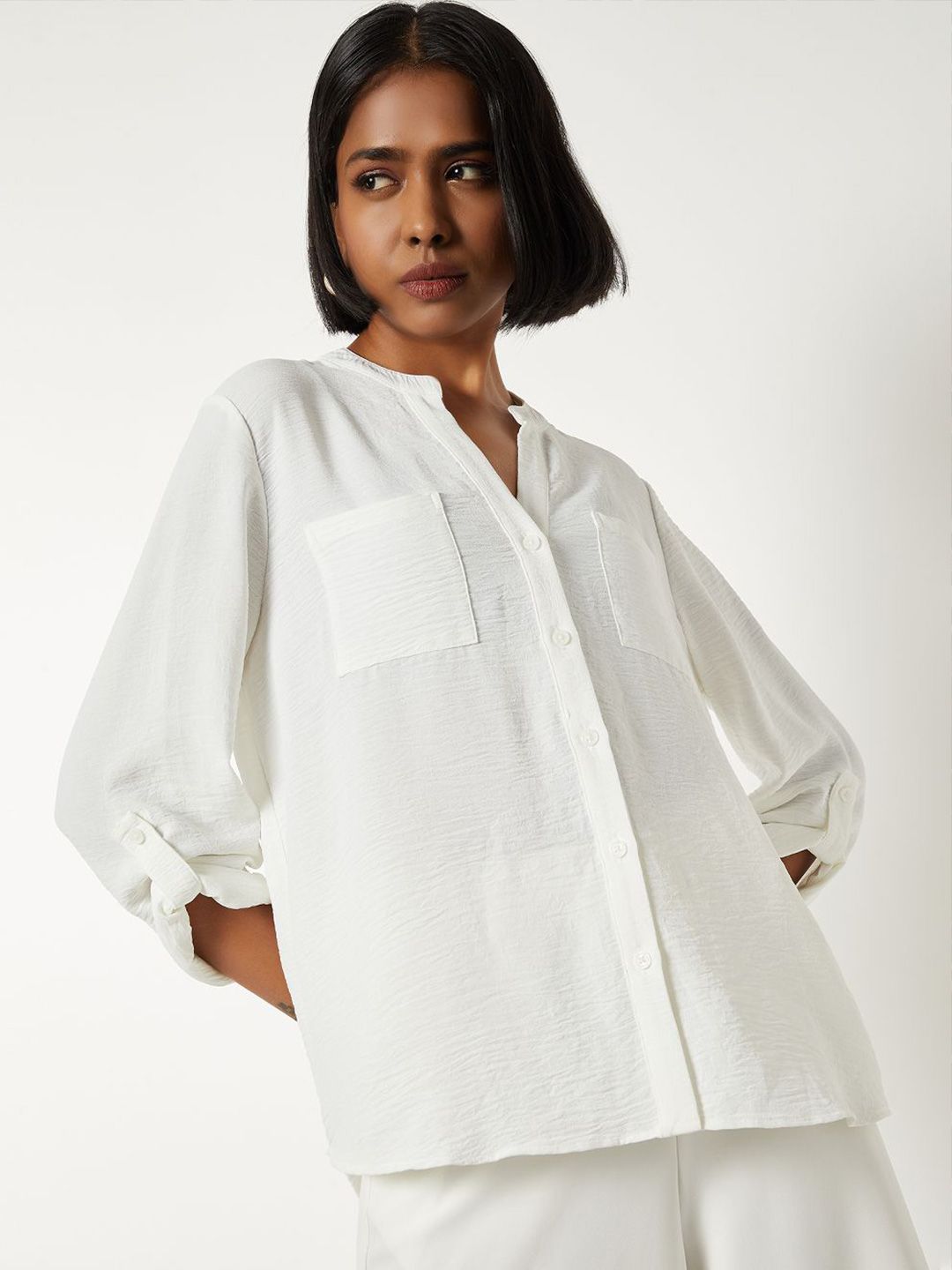 max Women Mandarin Collar Roll-Up Sleeves Shirt Style Top-picture-22