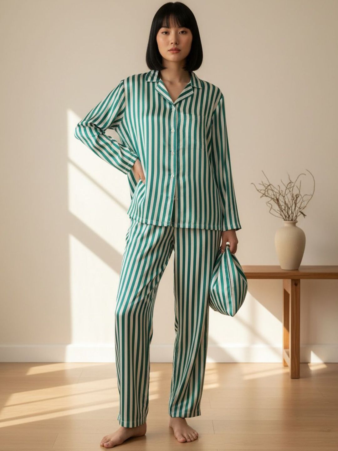 STREET 9 Striped Shirt Collar Night Suit-picture-38
