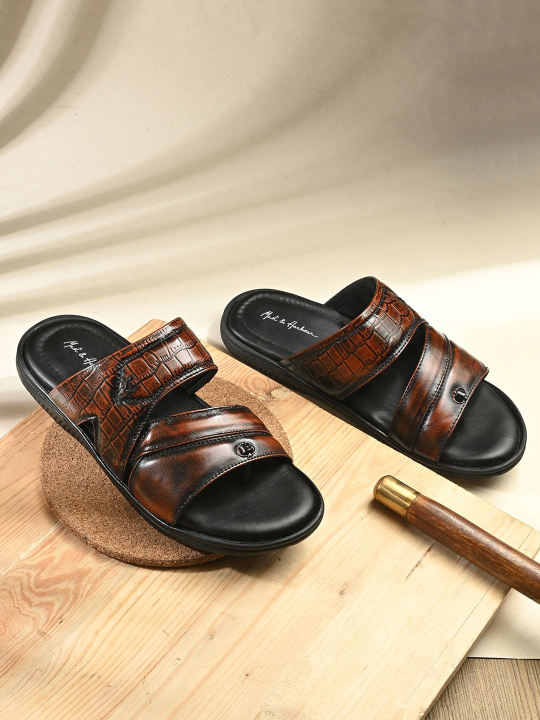 Mast & Harbour Men Textured Slip On Leather Ortholite Impressions Comfort Sandals-picture-40