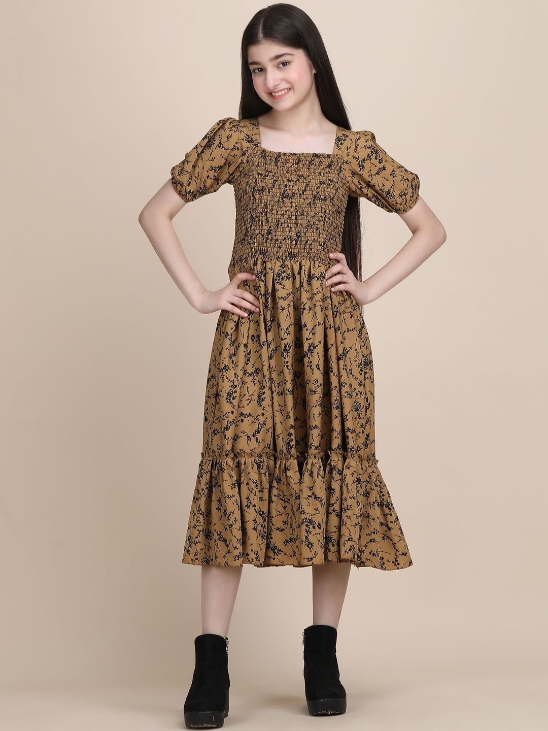 YK Girls Brown Polyester Printed Square Neck Puff Sleeve Fit and Flare Dress-picture-15