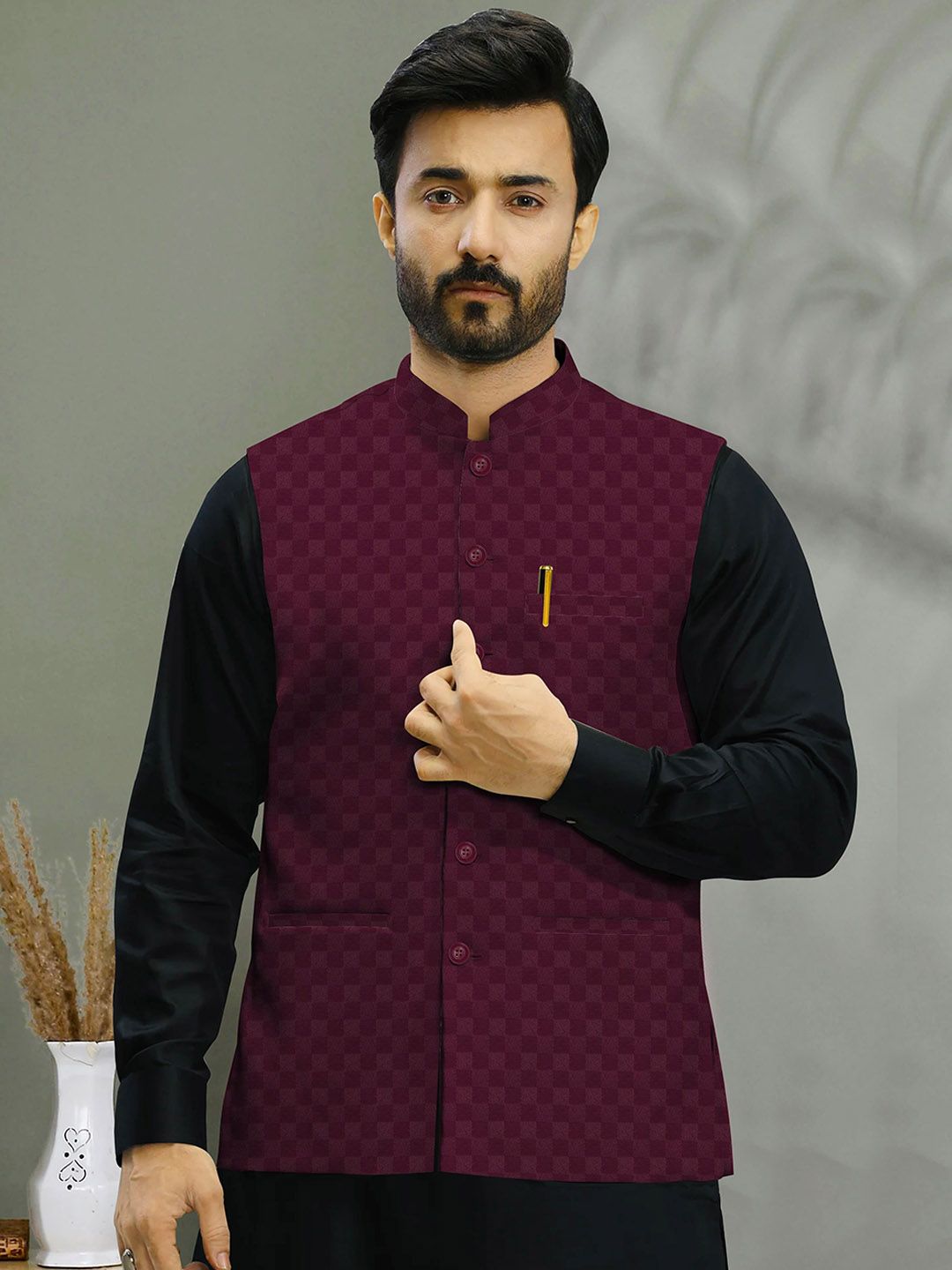 A A ENTERPRISES Woven Design Mandarin Collar Neck Nehru Jacket-picture-49