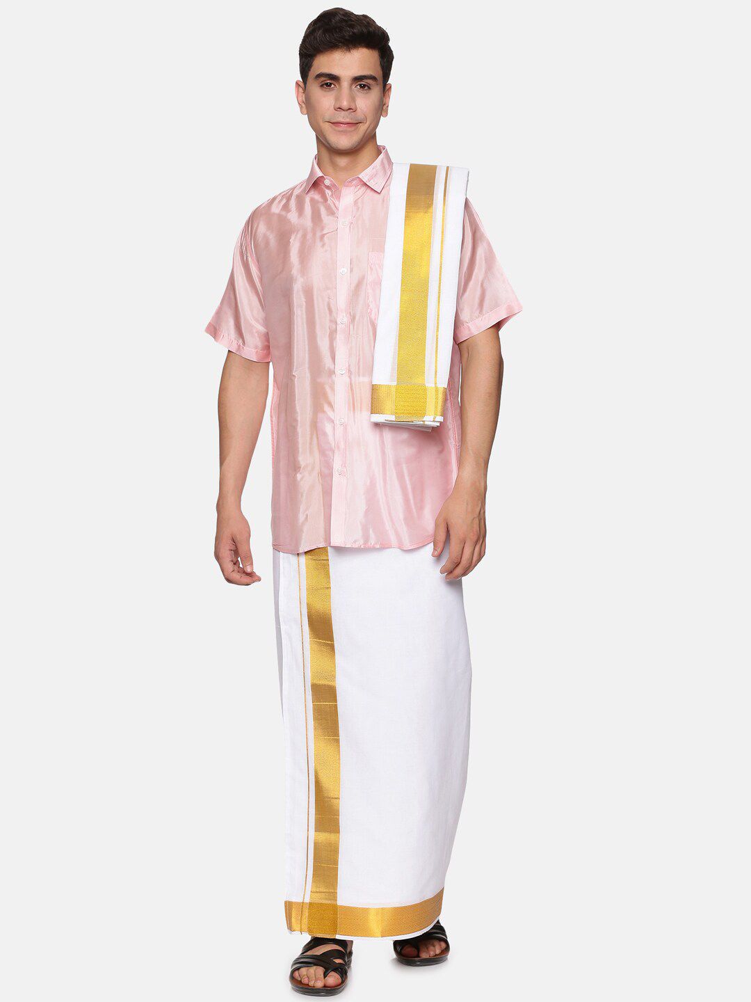 Sethukrishna Men Pink & White Shirt Dhoti with Angavastram Set-picture-29