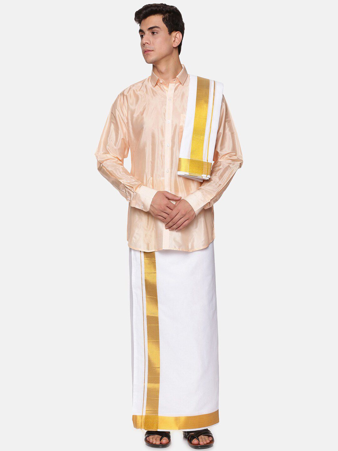 Sethukrishna Men Peach-Coloured & White Solid Pure Cotton Shirt with Dhoti-image-18