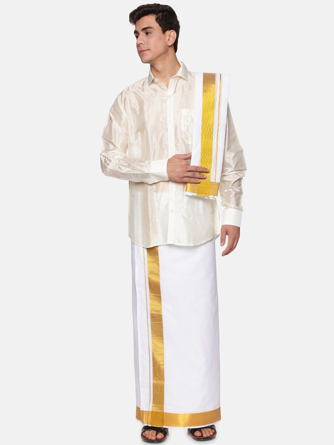 Sethukrishna Men Cream-Coloured & Gold-Toned Shirt with Dhoti Pants-picture-21